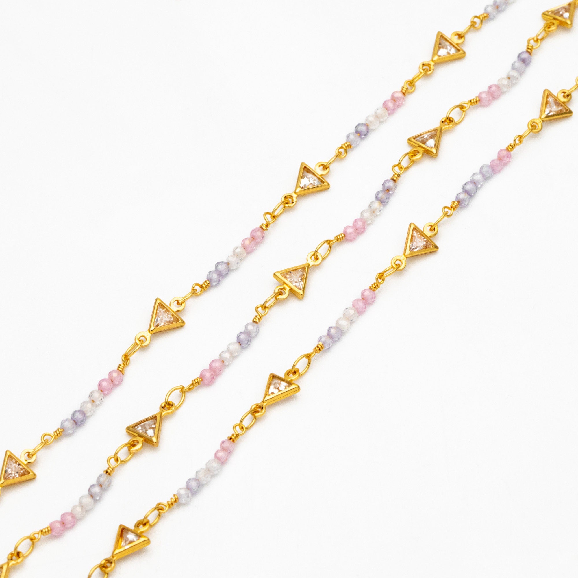 18K Gold plated Beaded Chain, CZ pave Triangle Chain (#LK-610)/ 1 Meter=3.3 ft